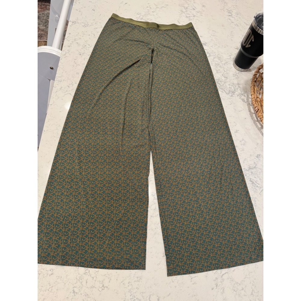 Siyu Spain Teal Bronze Monogram Print Wide Leg Pants Trousers Size USA 6 EU 40